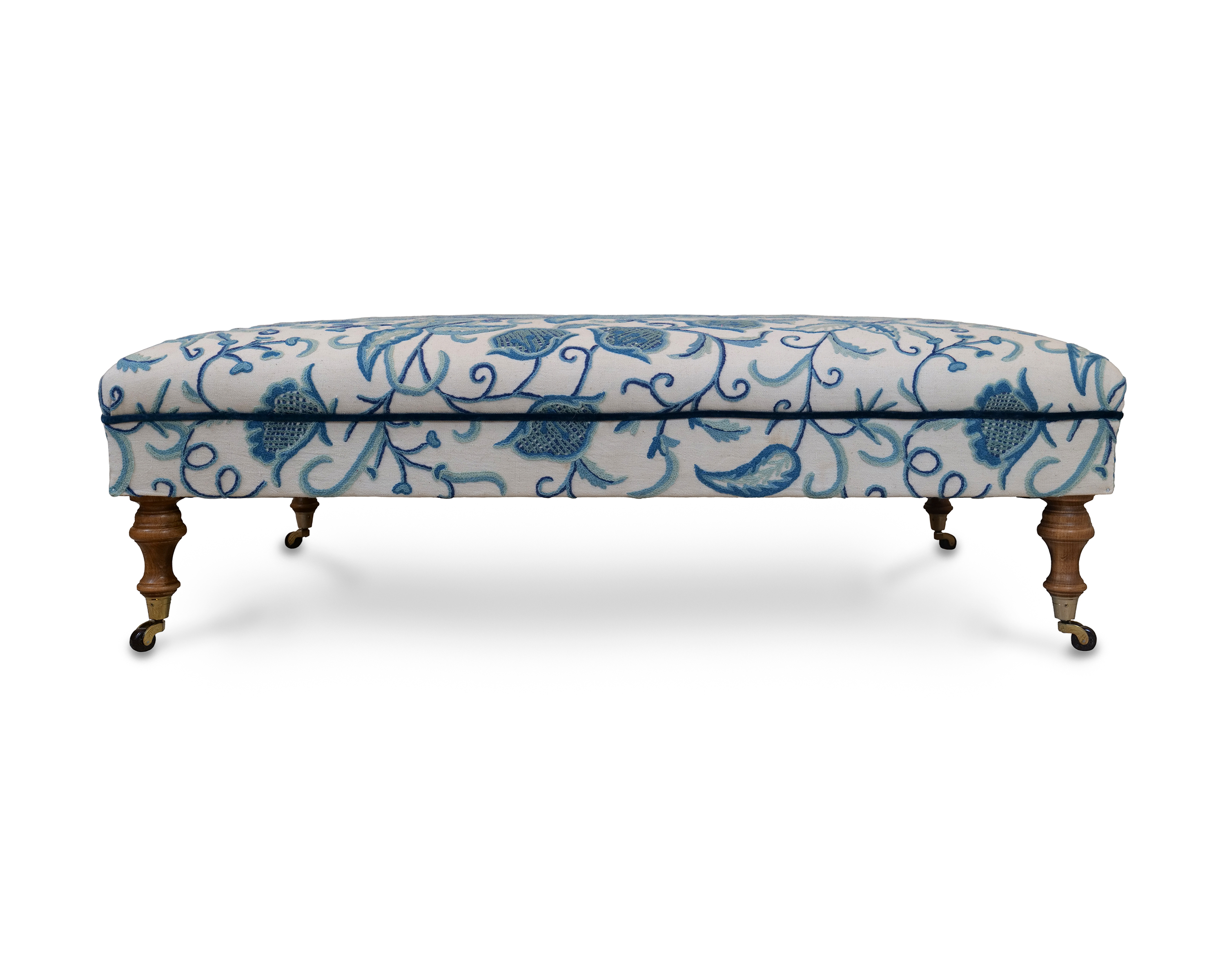 Antique Crewelwork Ottoman with Velvet Piping and Traditional China Castors