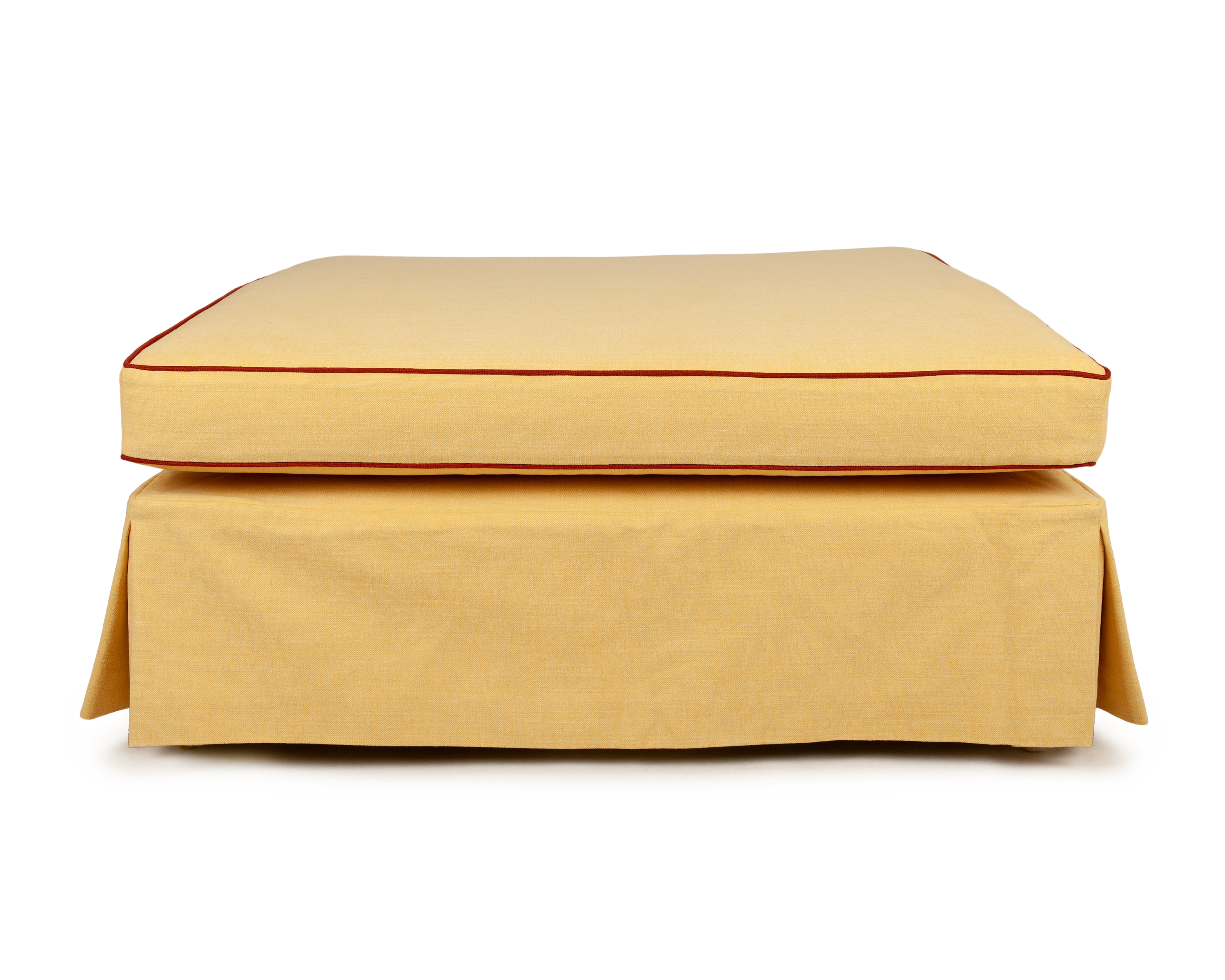 Cushion Skirt Ottoman, Fabric Lined with Contrast Piping, Solid Brass Castors