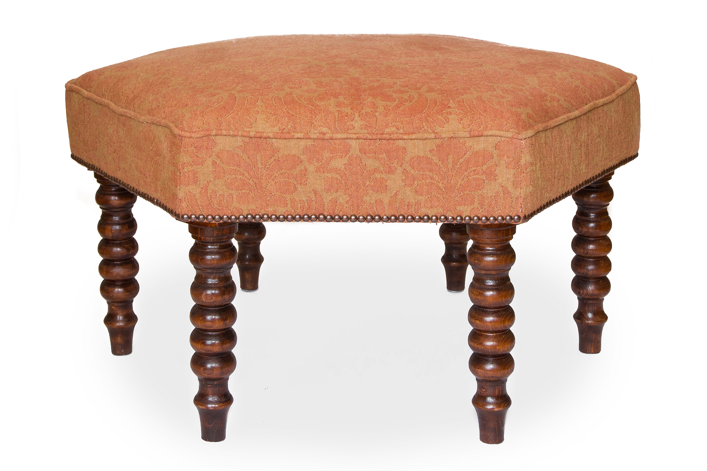 Hexagonal Bordered and Piped Footstool with Bobble Legs and Antique Nailing