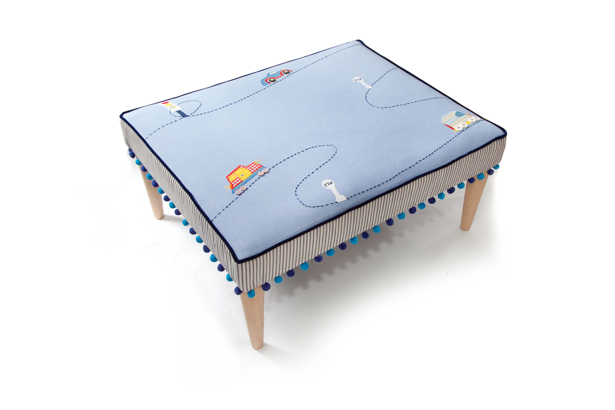 Kids Rectangular Pompom Trim Footstool