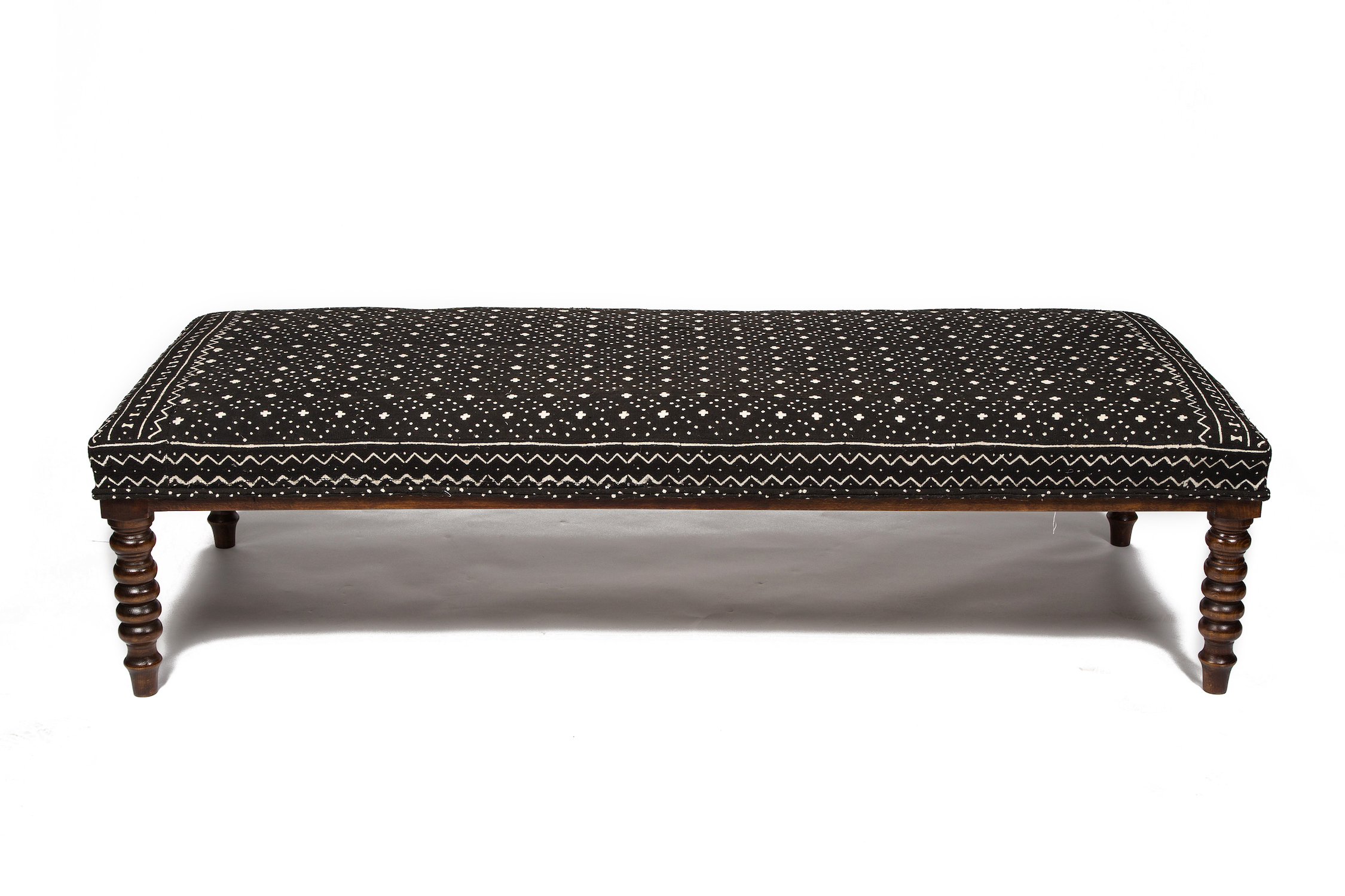 Mudcloth Stitched Bordered Table Stool with Show-Wood and Bobble Legs