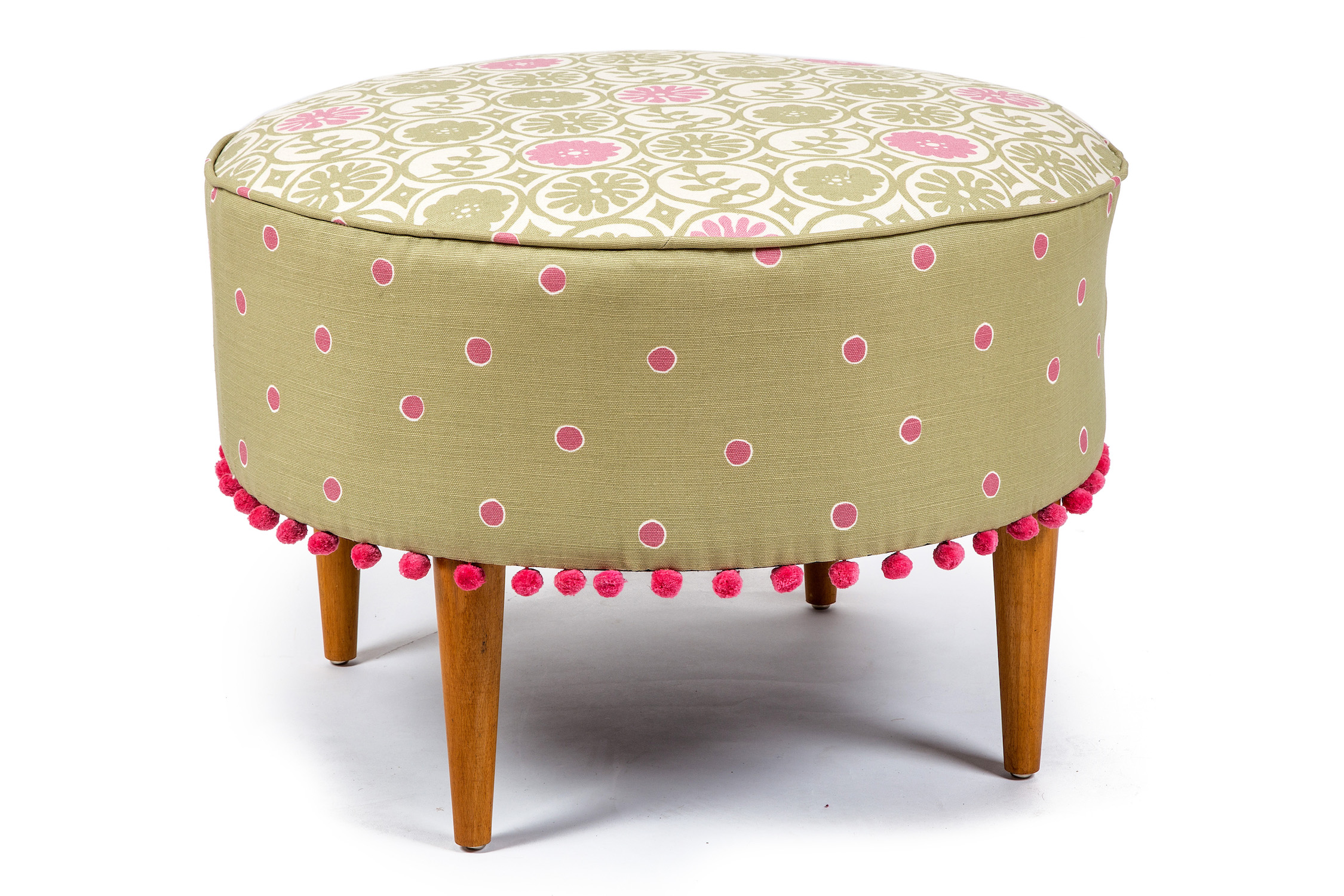 Round  Bordered Piped Footstool with Bobble Trim