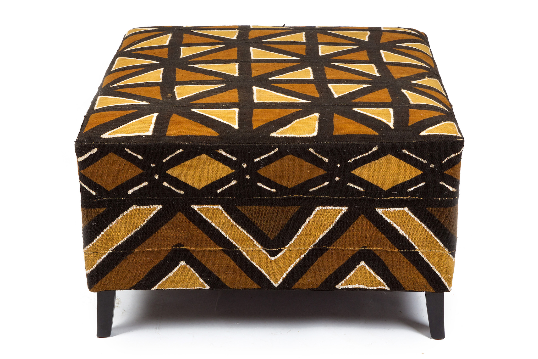 Mudcloth Footstool with Stitched Borderwork and Black Sabre Legs
