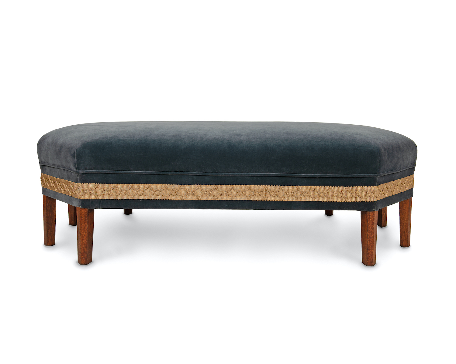 Hexagonal, Tapering Leg Velvet Stool with Antique Gold Braid Trim