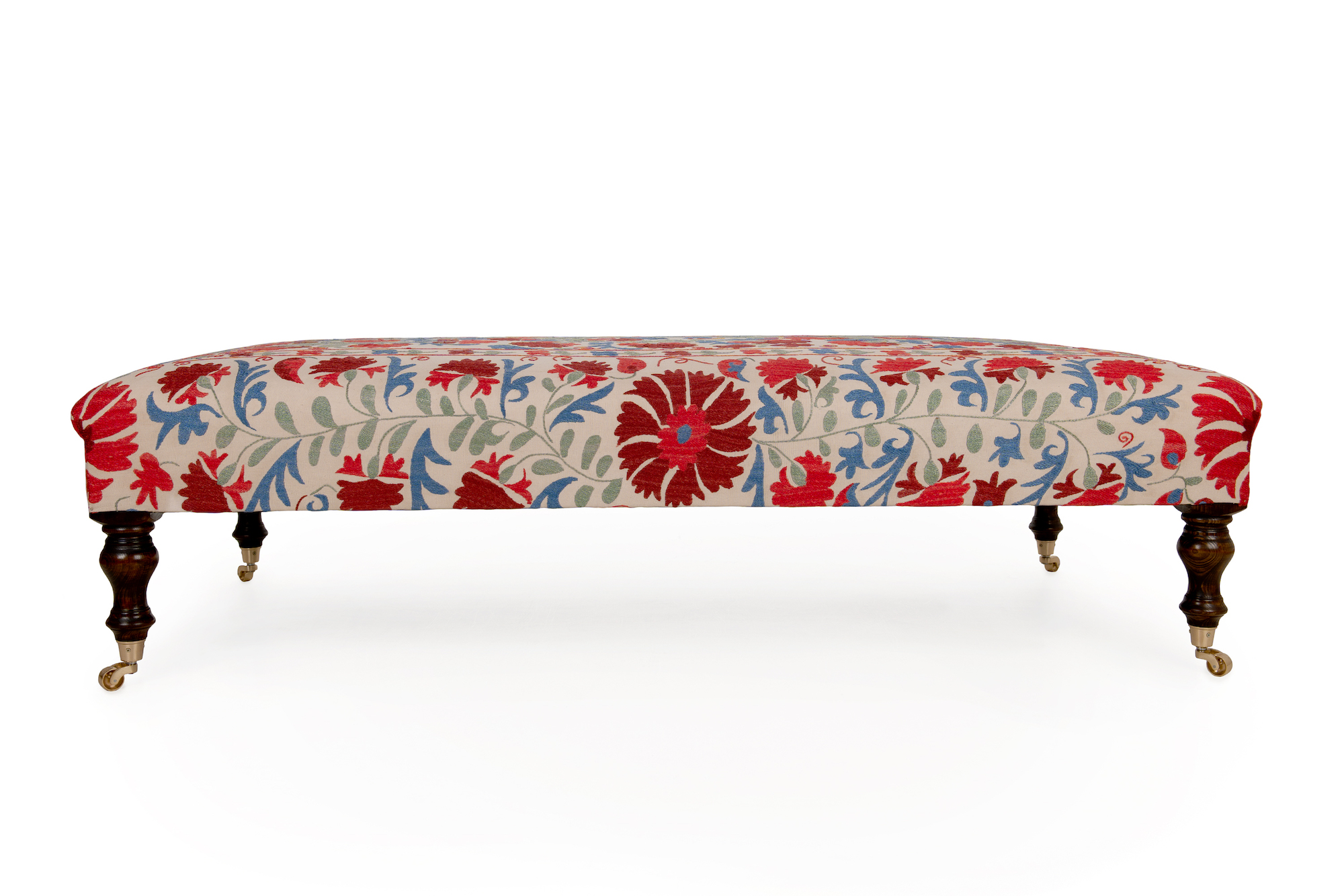 Antique Suzani Footstool with Turned Legs and Castors