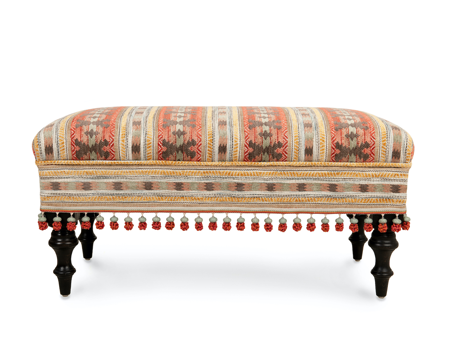 Black Turned Leg Footstool with Running Border and Decorative Pompom Trim