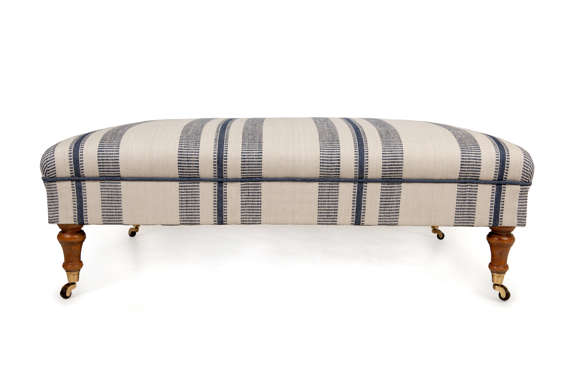 Vertical Stripe Roll Top Footstool, with Edging Fabric Band Trim and Turned Legs with Castors