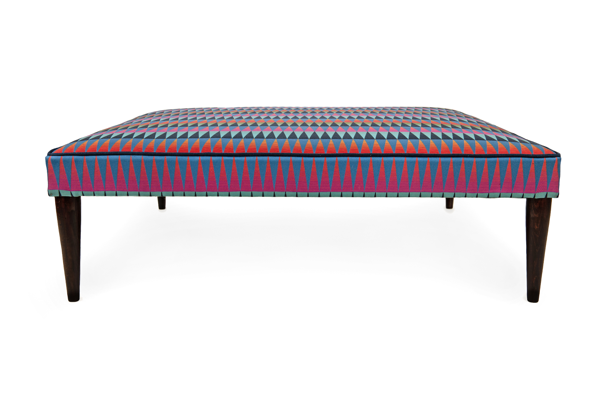 Square Narrow Bordered Footstool with Indigo Piping and Walnut Hue Legs