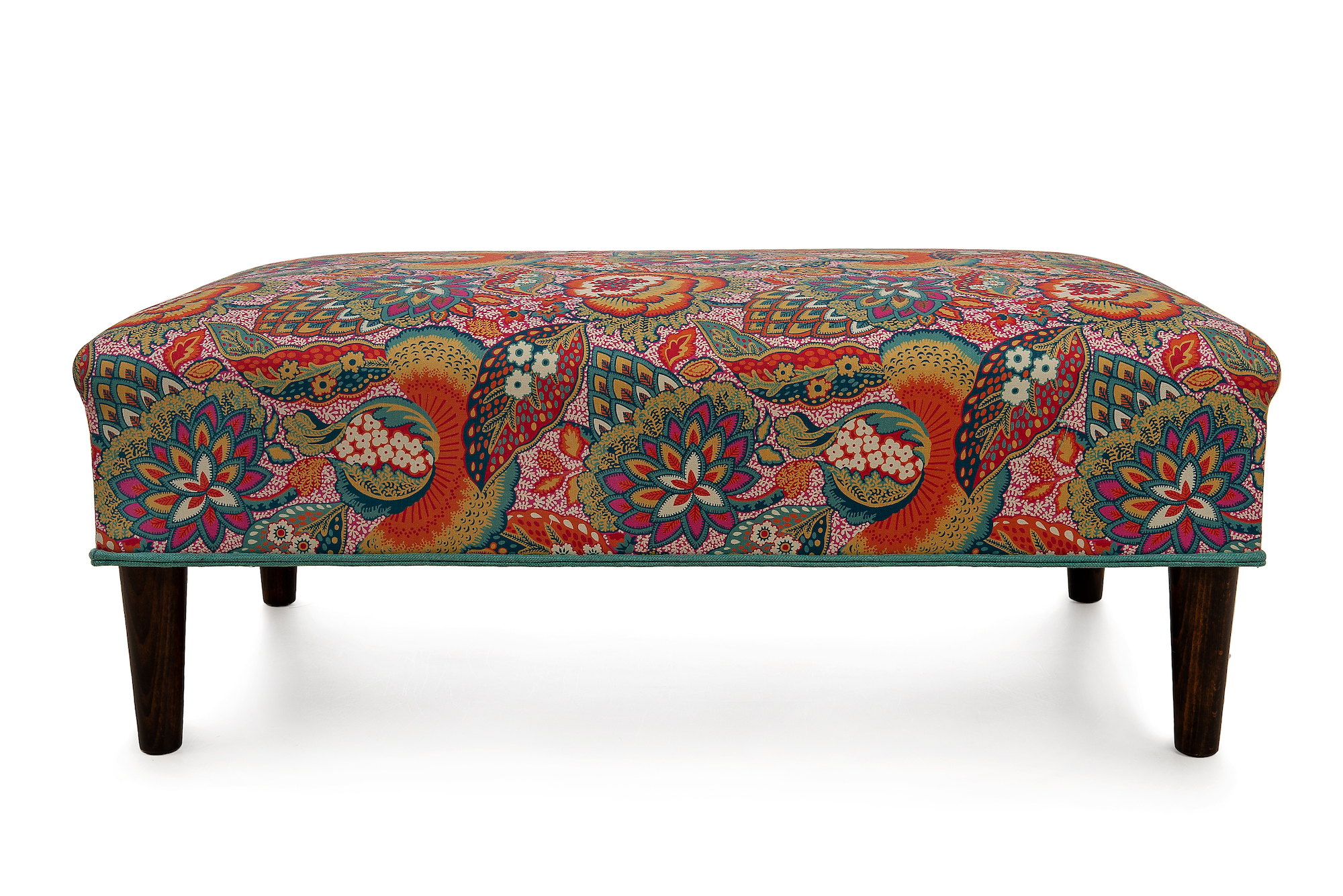 Liberty Velvet Footstool with Teal Double Piping Trim and Round Tapering Legs in Walnut