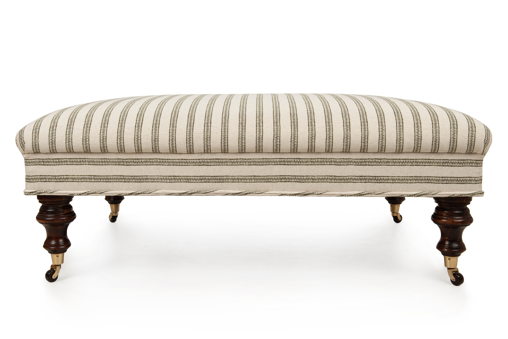 Ticking Footstool with Horizontal Stripe, Turned Legs and Castors