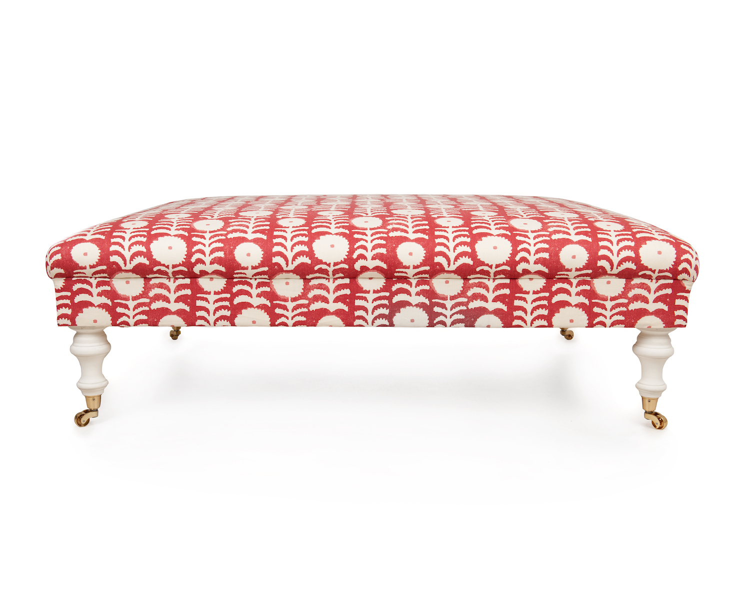 Roll Top Footstool with Simple Gimp Pin Embellishment,  White Painted Legs & Solid Brass Castors