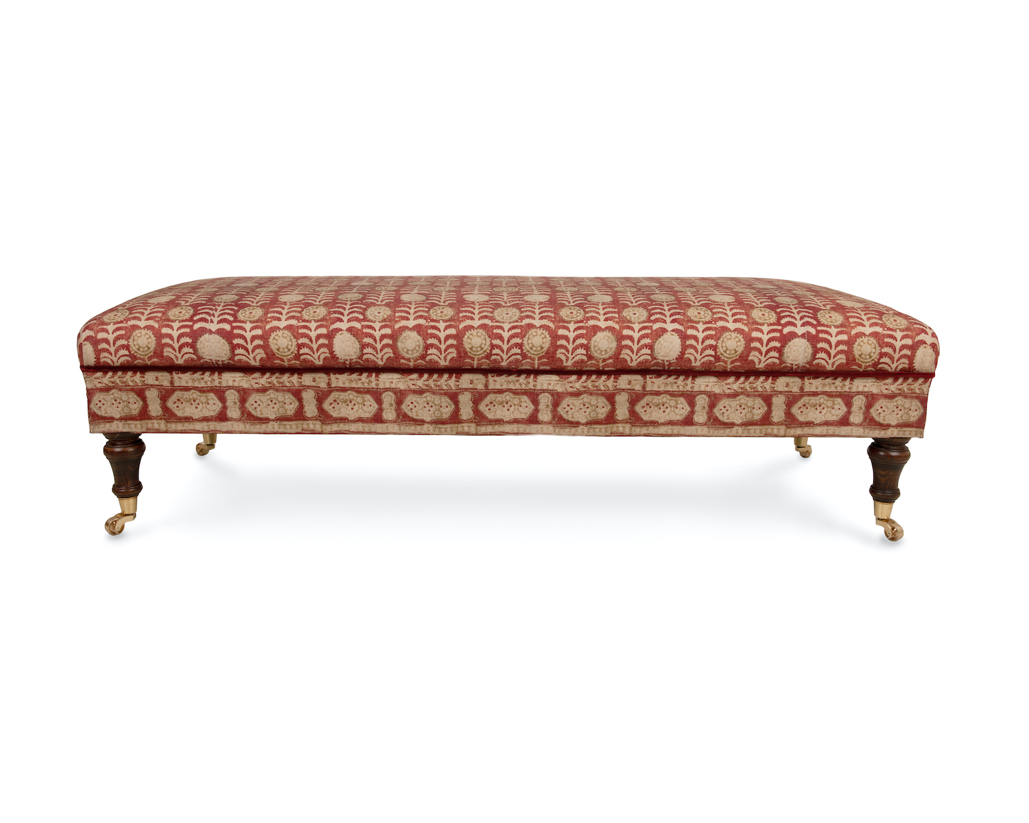 Fine Ottoman with Velvet Piping and Decorative Border, Solid Brass Castors