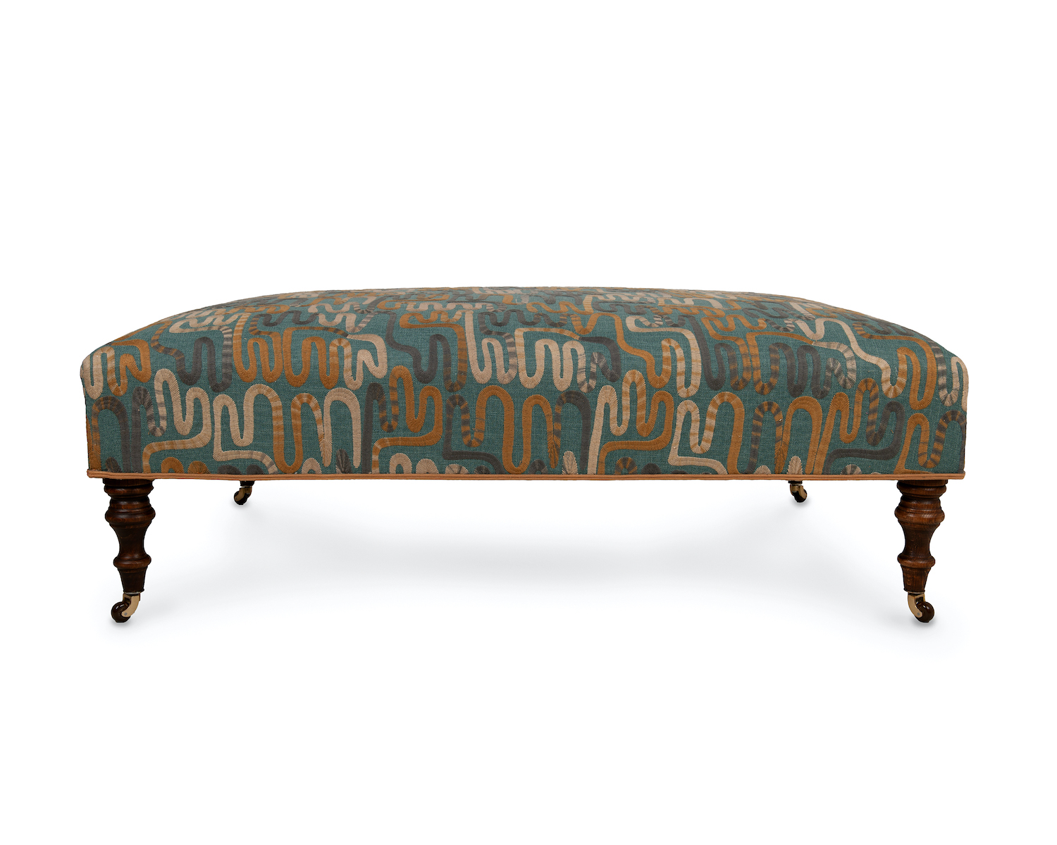Ottoman in Embroidered Fabric with Turned Legs, Castors and Slender Double Piping