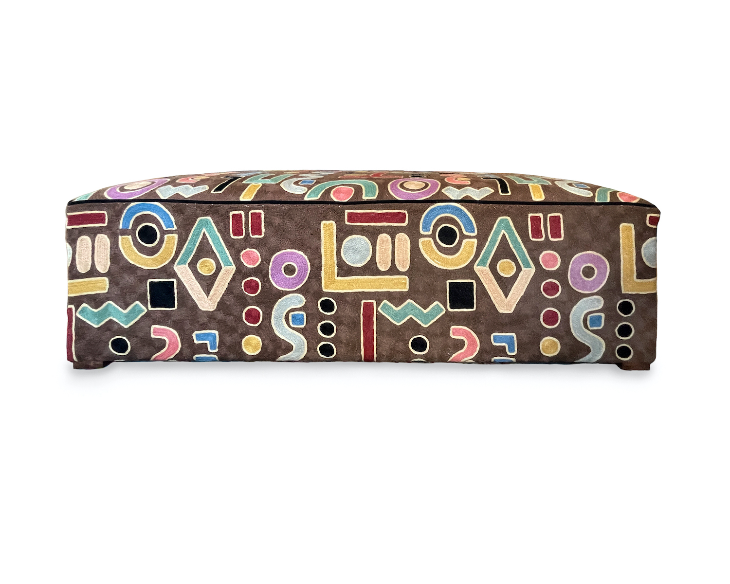 Substantial Floor Ottoman with Piping in Abstract Crewelwork Fabric