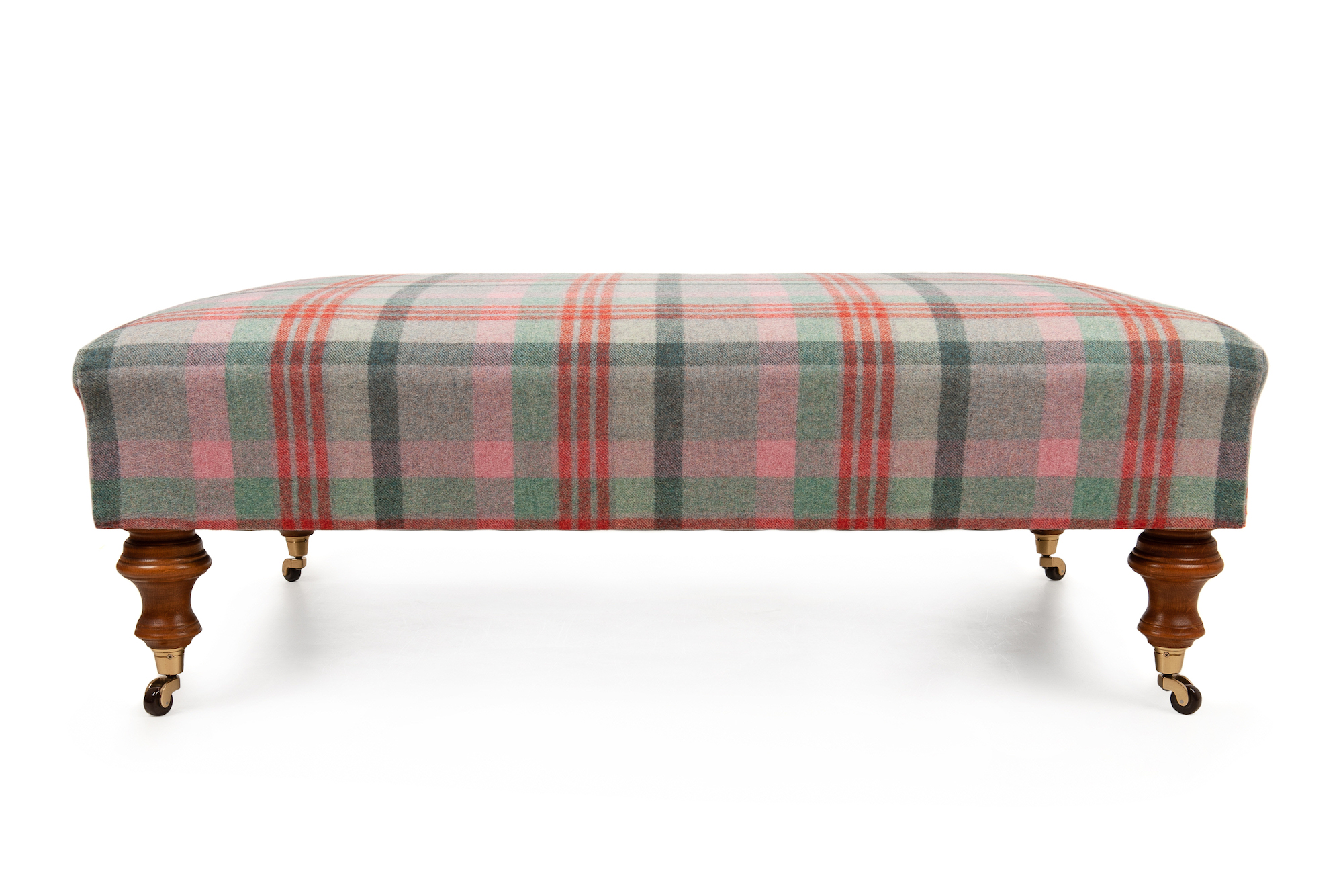 Traditional Wool Plaid Footstool with Turned Legs and Castors