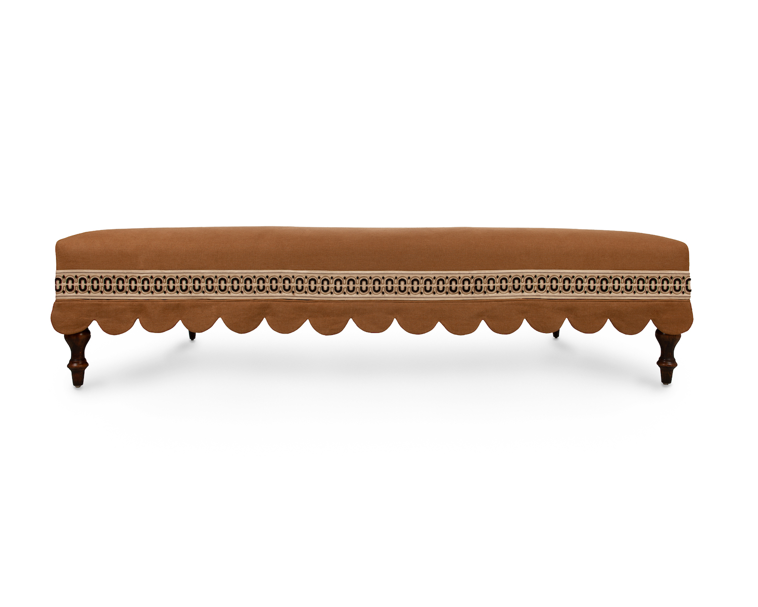 Tailored Ottoman with Scallop Edge and Passementerie Braid