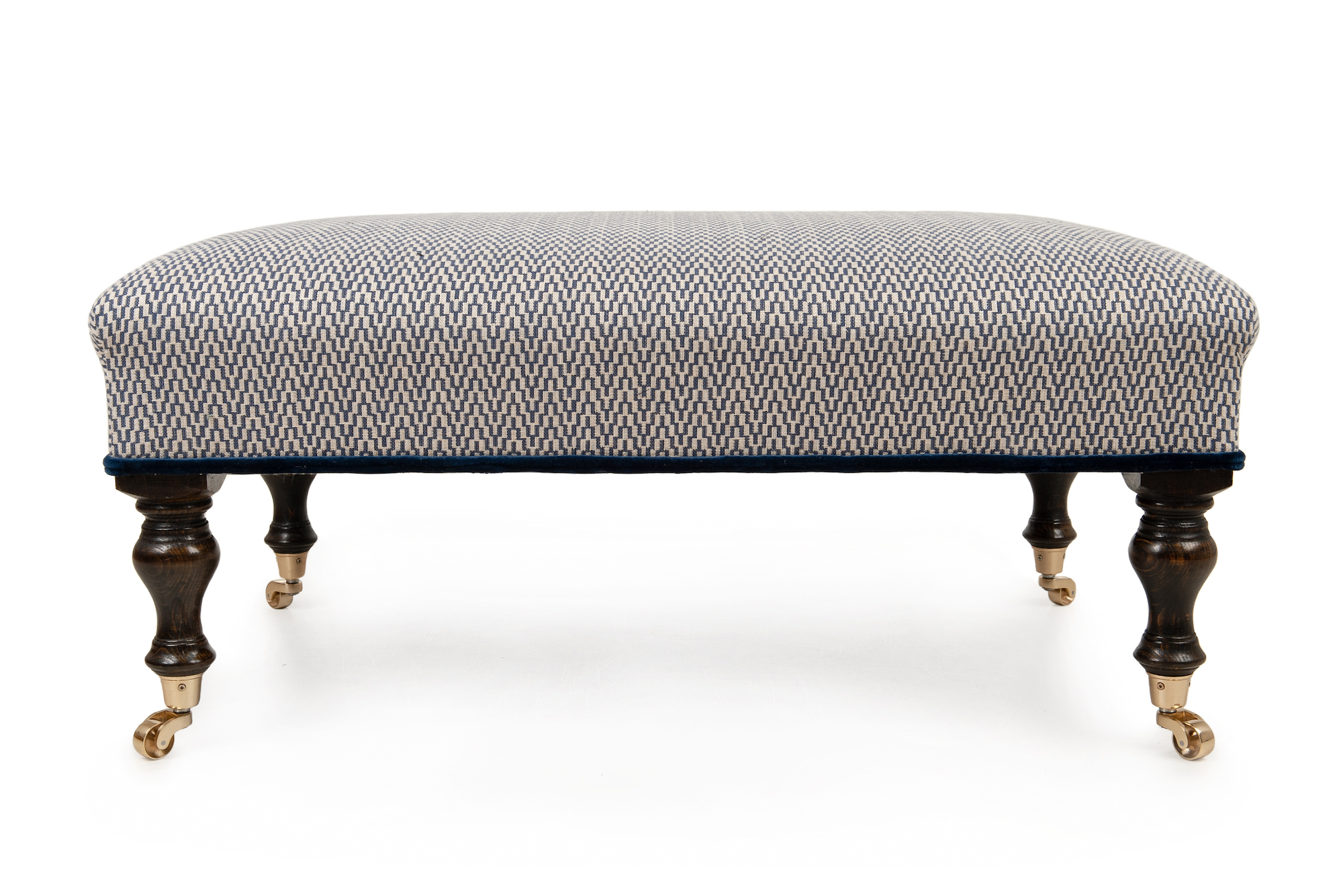 Traditional  Footstool with Velvet Double Piping, Turned Legs and Castors