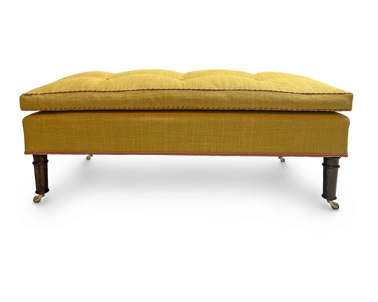 Tufted Cushion Ottoman, with Cord and Gimp, styled with Ringed Legs and Solid Brass Castors